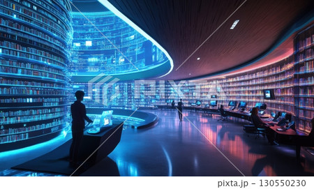 Futuristic Library with digital screens and illuminated bookshelves 130550230
