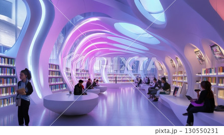 Modern Futuristic Library Interior Design with People Reading 130550231