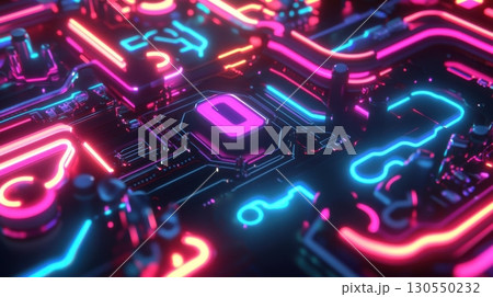 Abstract Neon Lights Pattern on Circuit Board, Technology Background 130550232
