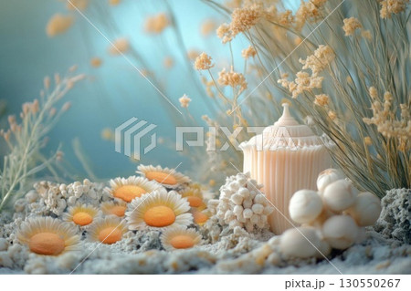 Chamomile and dried flowers on blue background. Chamomile and dried flowers on blue background. 130550267