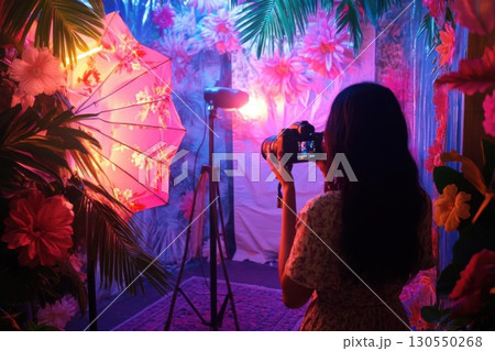 Woman taking photo with digital camera in a night club. 130550268