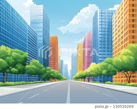 City landscape with road and skyscrapers in the background. Vector illustration. City landscape with road and skyscrapers in the background. Vector illustration. 130550269