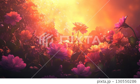 Beautiful garden at sunset with blooming pink roses. Romantic floral background with glowing light 130550286