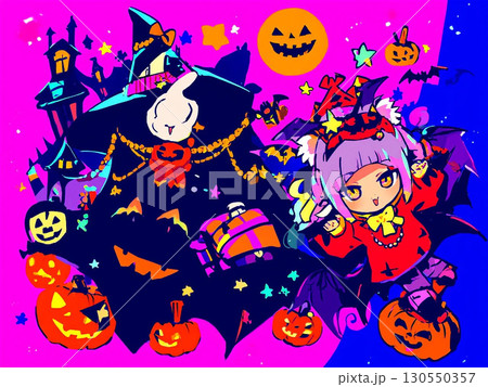 ハロウィン背景にいる女の子イラスト 130550357