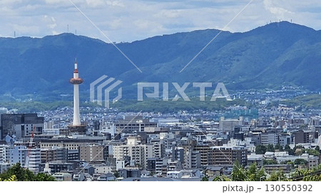 The Kyoto Tower, a beacon of modern architecture, stands tall against a vibrant blue sky, offering a panoramic view of the ancient city's dense urban landscape and verdant surroundings. 130550392