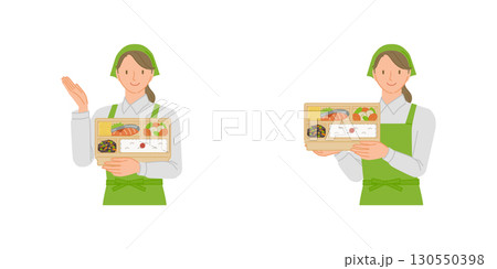 弁当を持った笑顔の宅食スタッフ女性のセット 130550398