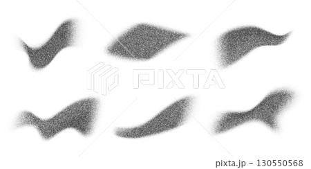 Grainy dotted gradient shapes on white background. Noisy spray paint with pattern of dots. Abstract vector stipple shadows. Fluid textured gritty elements. Liquid random stains 130550568
