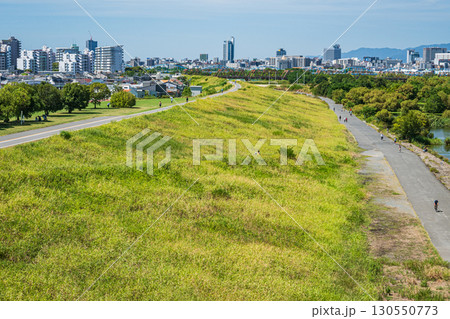 菅原城北大橋から望む淀川左岸の堤防 大阪市 菅原城北大橋から望む淀川左岸の堤防 大阪市 130550773