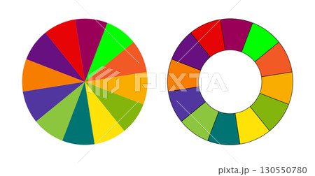 Colorful Spectrum of Pie Charts Illustrates a Vivid Color Palette. 130550780