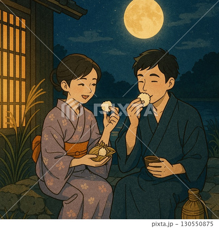 和装姿でお月見をする男女　Generative AI 130550875