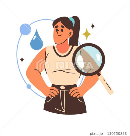 Healthy woman as water quality vector icon. Illustration of hydration and vitality, fitness and energy. Clean liquid refreshment and H2O quality, aqua purity for beauty and skin. Female drinking. 130550888