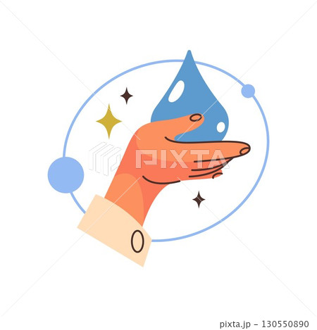 Water drop on hand or liquid droplet. Vector clean fluid and hydration, ecology and nature, ecosystem balance cartoon clipart. Icon for environment and resource saving, resource recycle, health. H2O. Water drop on hand or liquid droplet. Vector clean fluid and hydration, ecology and nature, ecosystem balance cartoon clipart. Icon for environment and resource saving, resource recycle, health. H2O. 130550890