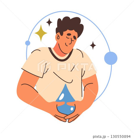 Water care sign with man hold liquid drop. Vector fluid purity and conservation, sustainability symbol. H2O droplet icon for environmental protection and clean resource, ecosystem safety or eco caring Water care sign with man hold liquid drop. Vector fluid purity and conservation, sustainability symbol. H2O droplet icon for environmental protection and clean resource, ecosystem safety or eco caring 130550894