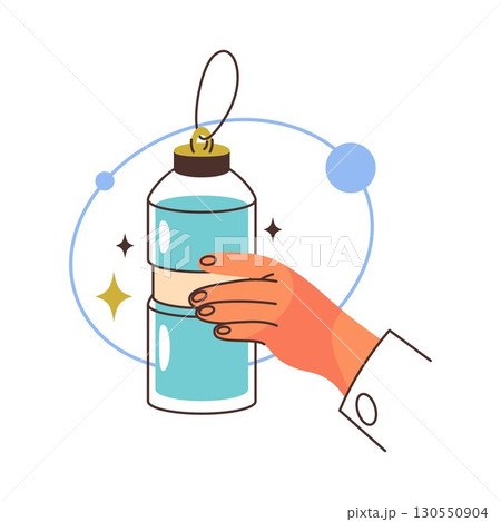 Vector palm holding bottle of water. Graphic with clean drinking fluid or icon of liquid plastic container. Element for hydration and drinkware, healthy nutrition and refreshment. Aqua and H2O clipart 130550904