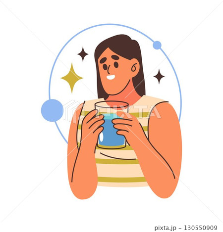 Woman with glass of water. Vector daily aqua routine sign. Hydration awareness and healthy lifestyle, drinking nutrition and selfcare, wellness habit of fluid intake. H2O for body and vitality. Liquid 130550909