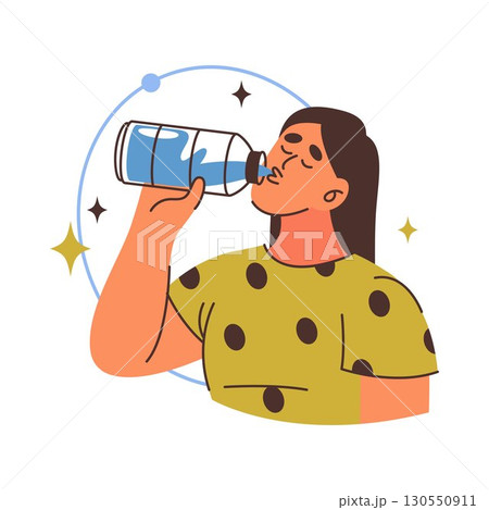 Woman drinking water. Vector H2O drink from bottle. Hydration habit and healthy lifestyle, fluid balance and clean liquid consumption clipart. Daily routine for vitality and fitness, refreshment. 130550911