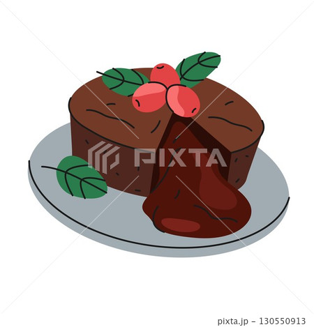 Chocolate cake on plate. Vector dessert with berry. Sweet pastry with icing or served treat for cafe or restaurant bakery, patisserie or confectionary. Food for festive celebration. Homemade dish. Chocolate cake on plate. Vector dessert with berry. Sweet pastry with icing or served treat for cafe or restaurant bakery, patisserie or confectionary. Food for festive celebration. Homemade dish. 130550913