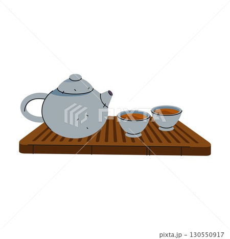 Chinese tea. Vector traditional oriental beverage. Asian cultural hot drink for ceremony. Oriental culture teapot and cup serving ritual. Porcelain tableware. Herbal oolong or pu-erh icon. China mug. 130550917