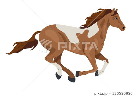 American paint horse side view. Vector running animal or equine movement. APHA equestrian gallop or gait. Mammal with hoof and mane. Mare or mustang, stallion motion icon. Sport broodmare emblem. American paint horse side view. Vector running animal or equine movement. APHA equestrian gallop or gait. Mammal with hoof and mane. Mare or mustang, stallion motion icon. Sport broodmare emblem. 130550956