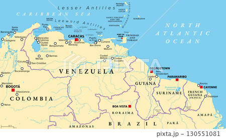 Venezuela and The Guianas, political map, showing the geographical region in north-eastern South America, consisting of the countries Venezuela and the 3 Guineas Guyana, Suriname, and French Guiana. 130551081