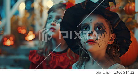 Children in costumes and makeup holiday happy Halloween background, Happy Halloween - Ai Generated 130551412