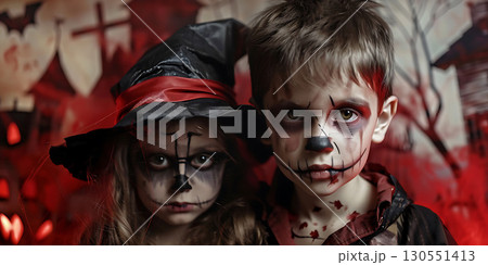 Children in costumes and makeup holiday happy Halloween background, Happy Halloween - Ai Generated Children in costumes and makeup holiday happy Halloween background, Happy Halloween - Ai Generated 130551413
