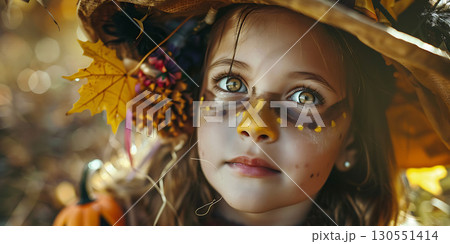 Children in costumes and makeup holiday happy Halloween background, Happy Halloween - Ai Generated 130551414