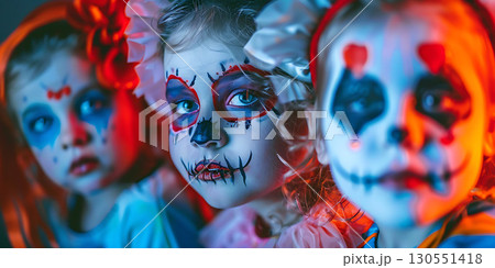 Children in costumes and makeup holiday happy Halloween background, Happy Halloween - Ai Generated 130551418