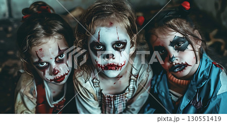 Children in costumes and makeup holiday happy Halloween background, Happy Halloween - Ai Generated 130551419