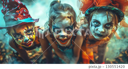 Children in costumes and makeup holiday happy Halloween background, Happy Halloween - Ai Generated 130551420