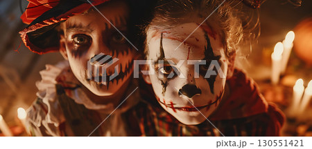 Children in costumes and makeup holiday happy Halloween background, Happy Halloween - Ai Generated 130551421