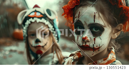 Children in costumes and makeup holiday happy Halloween background, Happy Halloween - Ai Generated 130551423