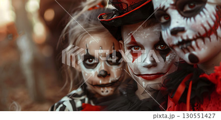 Children in costumes and makeup holiday happy Halloween background, Happy Halloween - Ai Generated 130551427