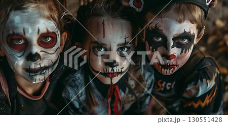 Children in costumes and makeup holiday happy Halloween background, Happy Halloween - Ai Generated 130551428