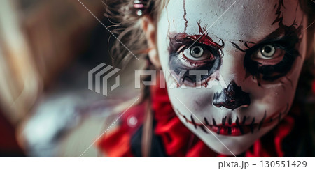 Children in costumes and makeup holiday happy Halloween background, Happy Halloween - Ai Generated 130551429