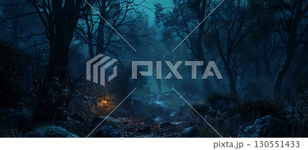 Dark night forest background, Happy Halloween - Ai Generated 130551433
