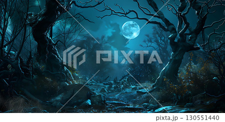 Dark night forest background, Happy Halloween - Ai Generated 130551440