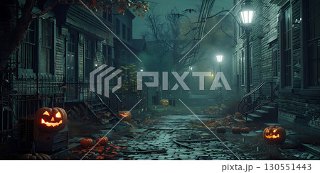 Empty Spooky street scene background, Happy Halloween - Ai Generated 130551443