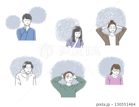 モヤモヤした感情の吹き出しとビジネスパーソンのイラストセット モヤモヤした感情の吹き出しとビジネスパーソンのイラストセット 130551464