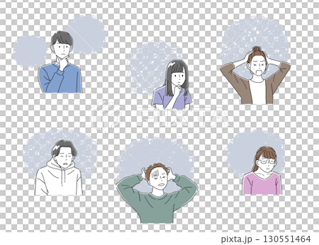 モヤモヤした感情の吹き出しとビジネスパーソンのイラストセット モヤモヤした感情の吹き出しとビジネスパーソンのイラストセット 130551464