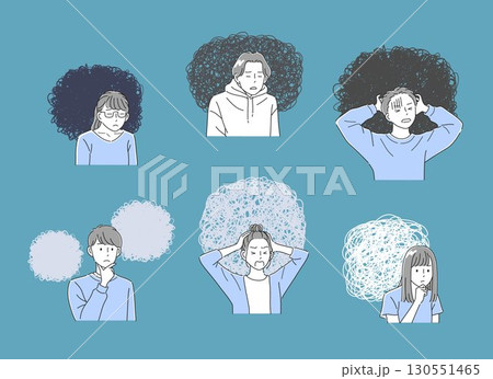 モヤモヤした感情の吹き出しとビジネスパーソンのイラストセット 130551465