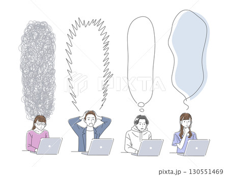 ノートパソコンを操作するビジネスパーソンと縦長の吹き出しのイラストセット 130551469