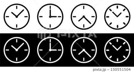 Black and white time clock icons. Clock icons isolated in the background. Black and white time clock icons. Clock icons isolated in the background. 130551504