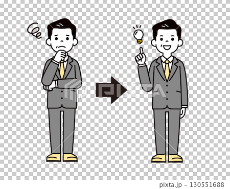 Full-body vector illustration of a businessman's boss in a troubled pose and a problem-solved pose 130551688