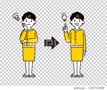 一位身穿西裝的五、六十歲女性的全身向量插圖,她很擔心,但想出了一個解決方案 一位身穿西裝的五、六十歲女性的全身向量插圖,她很擔心,但想出了一個解決方案 130551689