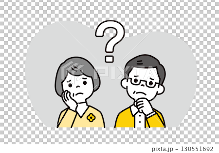 A large question mark and a confused elderly couple's upper body vector illustration 130551692