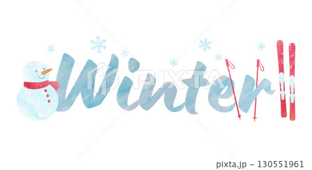 「Winter」のロゴマーク　冬色の絵の具テクスチャで描かれた雪だるまとスキー板のロゴタイプ 130551961