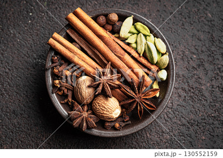 Christmas spices. Seasonal winter spices close up. 130552159