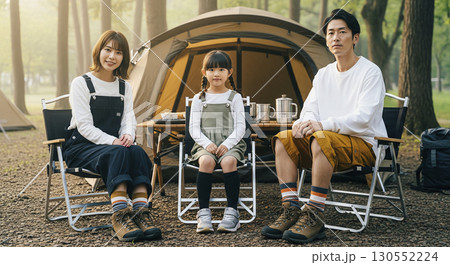 キャンプ場で休日を楽しむ家族 130552224