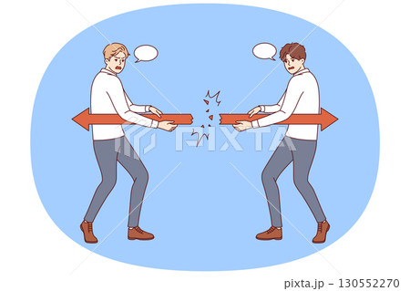 Opposite tactics of two business people pulling arrows in different directions causes conflict Opposite tactics of two business people pulling arrows in different directions causes conflict 130552270